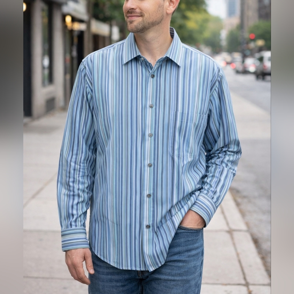 Pronto Uomo XL Blue Striped Button Down Shirt Non Iron 100% Cotton Long Sleeve